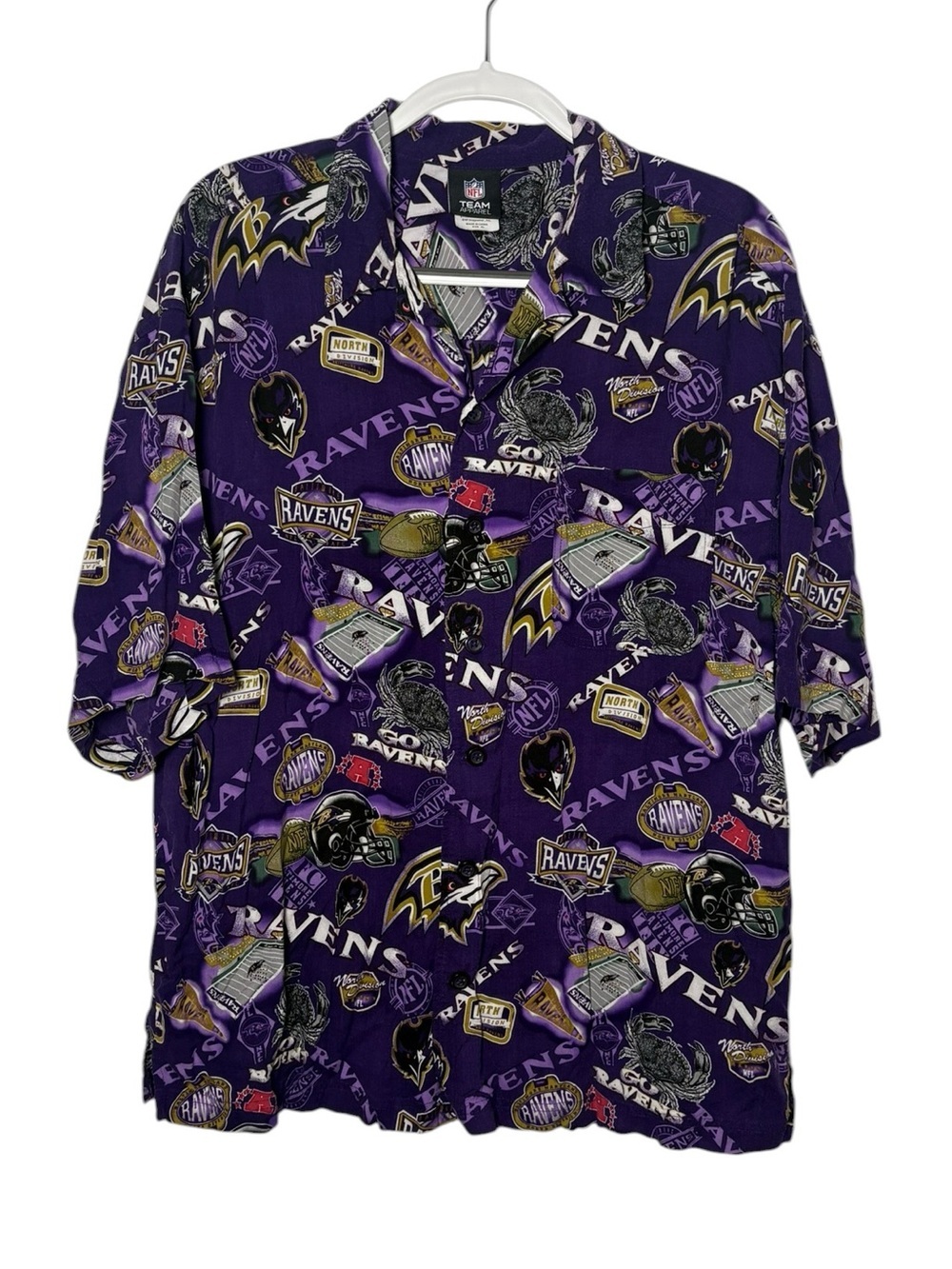 NFL Team Apparel Baltimore Ravens Rayon Button Down Shirt XL Purple Graphic